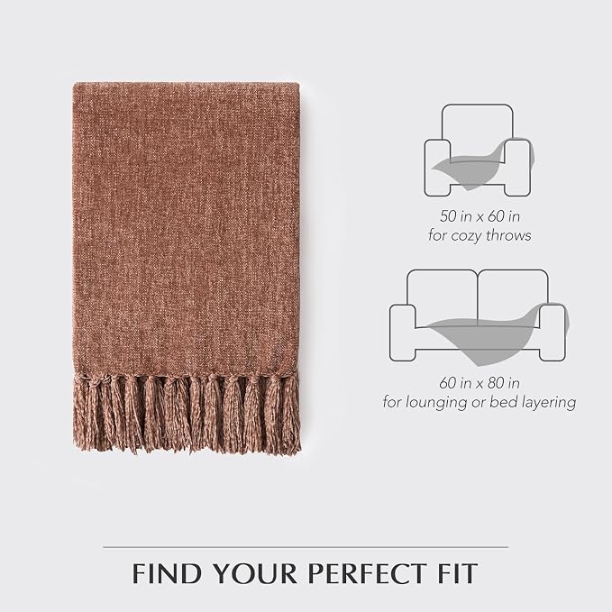 Chenille Knit Throw Blanket for Couch, 50"x60", Clay | Cozy Plush Fuzzy Knittd Throw with Tassels, Lightweight, Decorative, Farmhouse Decor, Ideal for Bed Sofa Gift, All Seasons