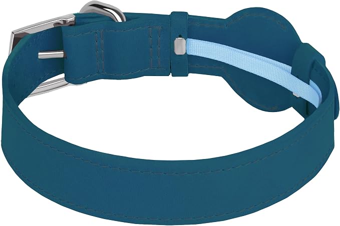 Leather Dog Collar with Airtag Holder - Apple Air Tag Dog Collars - Soft Tracking GPS Pet Collar for Small Medium Large Dogs Breed Puppy (Smoky Blue, S, 9"-12" Neck Fit)