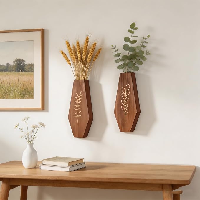 Wood Wall Planter 2 Pack, Modern Farmhouse Wall Decor Mounted Wooden Vase Set, Hanging Planter for Indoor Plants, Boho Wall Decor for Living Room, Entryway, Hallway, Bathroom (Brown)