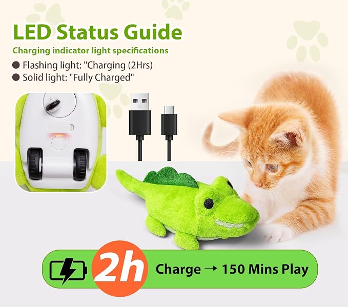 Interactive Cat Toys for Indoor Cats – Auto Moving Alligator with 360° Random Movement & Tail Wagging, Rechargeable Cat Exercise Toy with Catnip, Self-Play Fun for Bored Adult Cats-Green