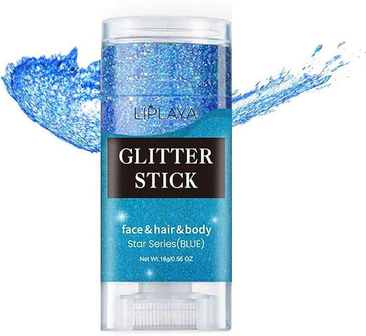 Blue Body Glitter Stick, Sparkling Holographic Sequins Neon Outfit Party Mardi Gras Accessories Face Paint Hair and Body Glitter Gel Makeup.
