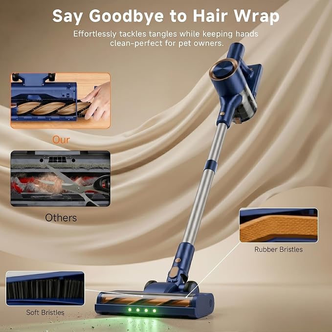 Cordless Stick Vacuum Cleaner - 45KPA Powerful Suction Vacuum with 45 Min Runtime, Detachable Battery, Anti-Tangle & 1.5L Dust Cup, 8 in 1 Vacuum Cleaner for Pet Hair, Carpet, HardFloor, Blue