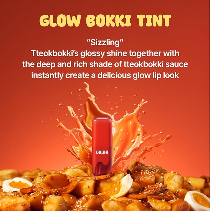 BLACK ROUGE Glow Bokki Tint, GB07 Bacon Pink – Korean Lip Tint Inspired by Tteokbokki, Non-Sticky Long-Lasting Lip Stain with Glossy Finish, Cute Stickers – Original Red, Rose, Soy