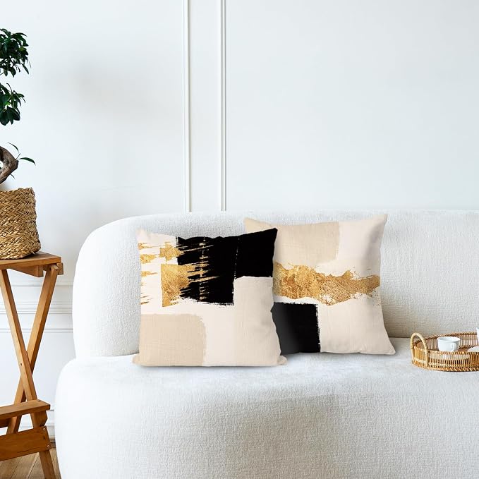 Black Beige and Gold Abstract Pillow Covers 24x24 Double-Sided, Mid Century Modern Decorative Throw Pillow Covers for Living Room Bedroom, Modern Home Decor, Black and Gold Decor, Set of 2