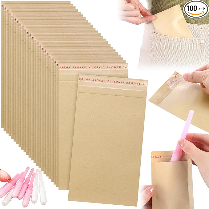 100 Pcs Tampons Disposal Bags Sanitary Napkin Disposal Bags Bulk Feminine Hygiene Disposal Bag Bulk Kraft Tampons Bag for Feminine Products with Self Adhesive for Women Girls, 5.91" x 3.15"