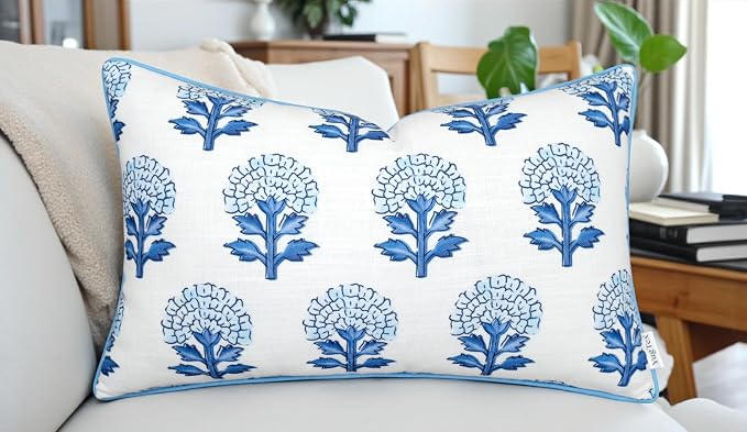 Marigold Floral Print 12x20 Lumbar Pillow Cover, Blue | Blue marigold floral on off-white slub, blue piping; both sides printed; hidden zip; obl; cover only