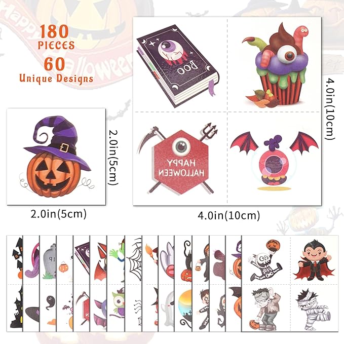 180PCS Halloween Temporary Tattoos for Kids - 60 Designs Waterproof Tattoo Stickers, Party Favor Trick or Treat Gift Supplies for Girls Boys