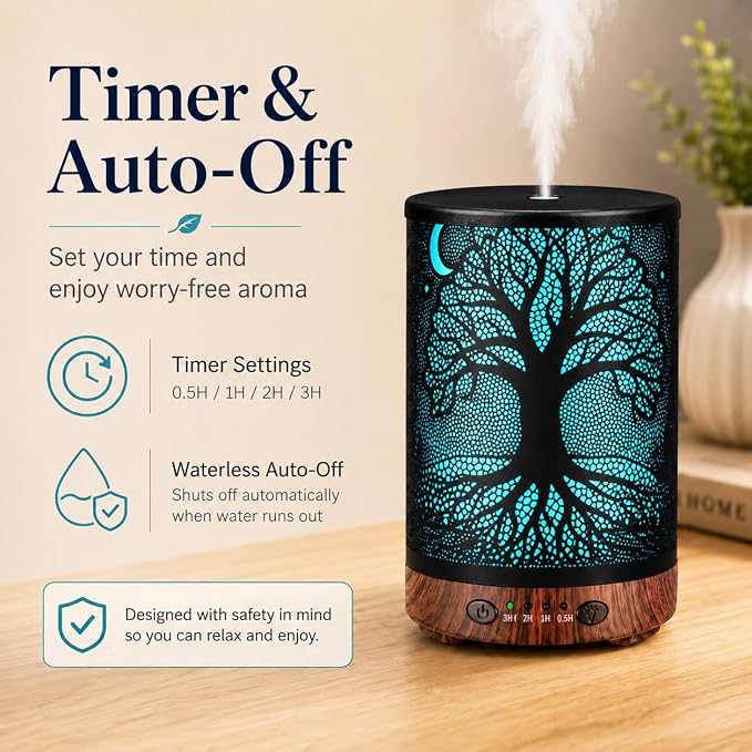 Essential Oil Diffuser, 120 ml Aromatherapy Diffuser with 7 Color Lights, Auto Shut-Off and 4 Timer Settings, Ultrasonic Cool Mist Diffuser for Home Room Office (Moonlit Tree)