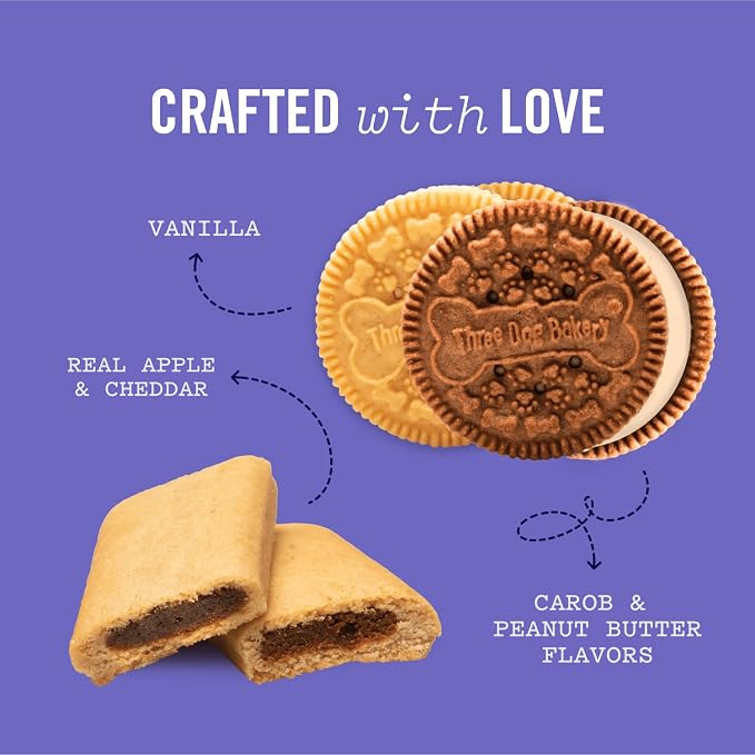 Three Dog Bakery Lick'n Crunch! Dog Treats - 13 oz - 6 Pack | Carob & Peanut Butter Sandwich Cookies - Premium Crunchy Treats- Baked in the USA