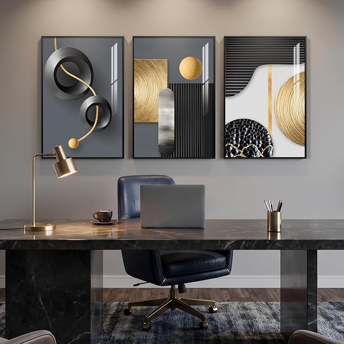 Framed Modern Elegant Wall Art for Living Room, 3 Piece Contemporary Luxury Prints Paintings, Black and Gold Abstract Geometric Pictures for Bedroom Dining Room Hallway Entryway Home Office Wall Decor 20x30 In