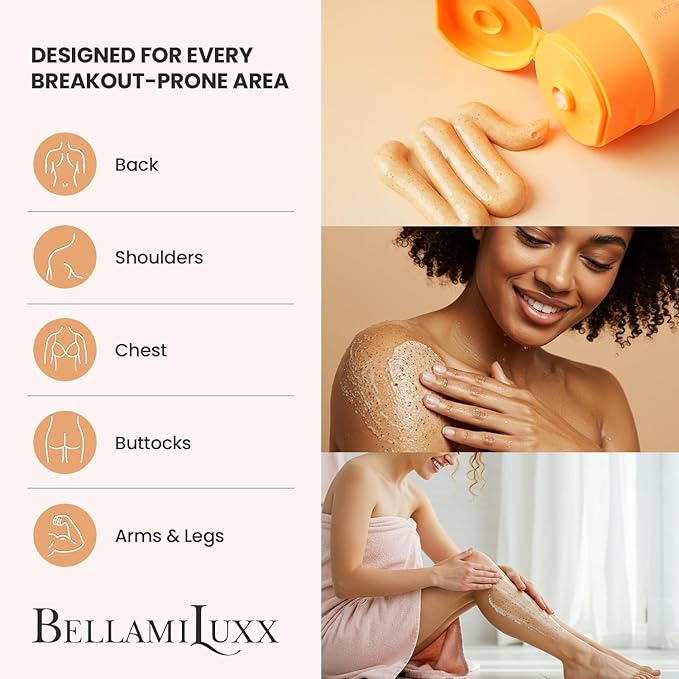 BellamiLuxx Body Acne Treatment Scrub: Helps Reduce Body Breakouts on Back, Chest, Butt & Thighs - Back Acne Treatment for Men, Women & Teens - Butt Acne Wash with Natural Actives for Smooth Skin