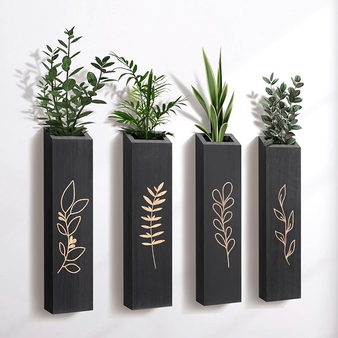 Wooden Wall Vase Planter Set of 4 | Black Finish Farmhouse & Boho Wall Decor for Entryway, Hallway, Bathroom, Living Room, Dining Room