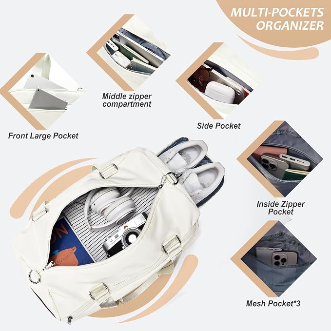 Gym Bag for Women Men with Shoe Compartment,Waterproof Sports Duffle Bag for Travel Weekender Overnight Carry on Bag Gym Tote Bags Workout Bag for Swimming Yoga Hospital Holdalls Beige