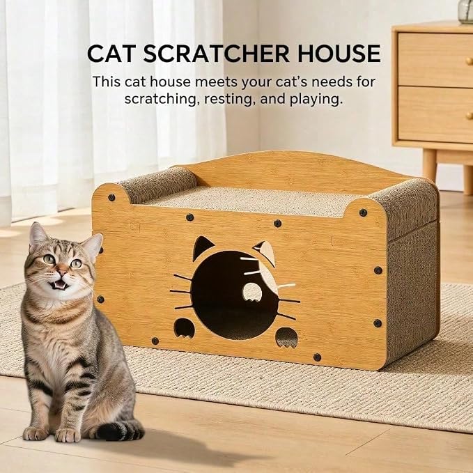 3-in-1 Scratcher Cat House – Save Your Furniture Combines Play Cave, Cozy Bed & Scratching Pad. Durable Cardboard, Reduces Stress. Ideal for Indoor Cats Who Love to Scratch, Play & Nap (FX-SFHXM)