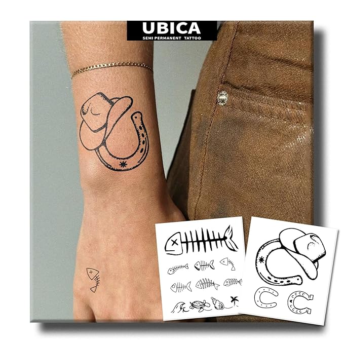 2 Sheets Long Lasting Fishbone Temporary Fake Tattoos For Women Arm Hand Neck,Horseshoe Semi Permanent Tattoo For Adults Girl,Realistic, Waterproof and Non-Reflective,Minimalist Design