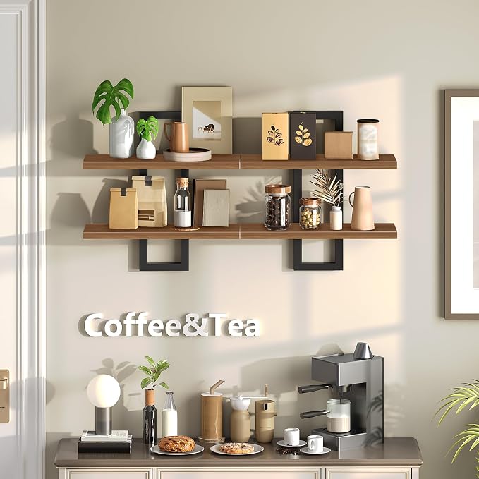HOOBRO Floating Shelves, 15 Inch Wall Shelf Set of 2, Wall Mounted Storage Shelves 2-Tier, Hanging Bathroom Shelves, for Living Room, Bedroom, Bathroom, Kitchen, Walnut and Black BH32BJ01