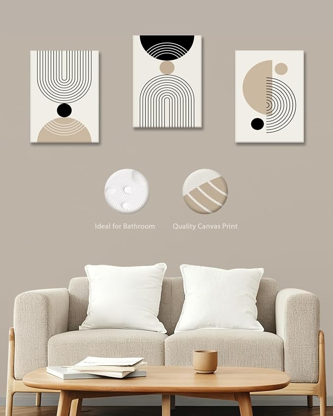 HesenDot Abstract Geometric Wall Art Set of 3, 30x40CM Minimalist Line Framed Canvas Prints, Boho Modern Neutral Beige Black Shapes Wall Decor for Living Room Bedroom Bathroom Office Home