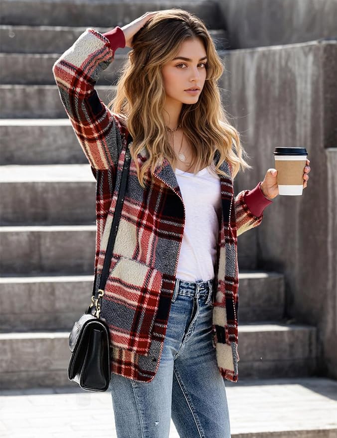 Zilcremo Women Hooded Cardigan Fuzzy Jacket Winter Open Front Fleece Coat Outwear with Pockets