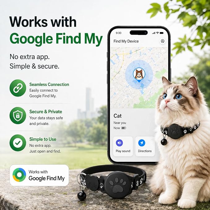 Pet Tracker,GPS Collar for Cats (Android Only) Smart tag,Waterproof Compatible with Google Find My,No Monthly Fee,Advanced Tracking Solution Smart Collar for Pet Safety Ideal Small Large Cats