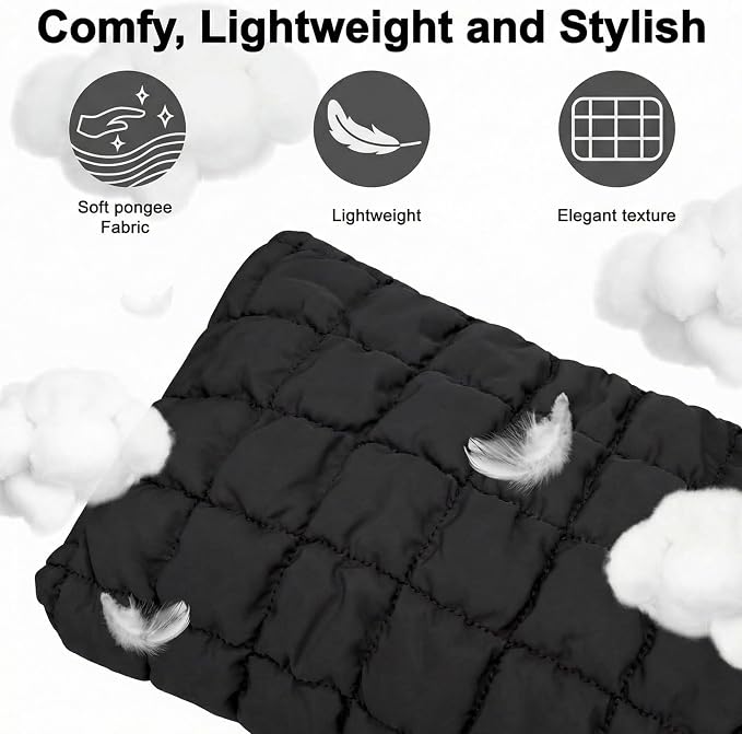 Black Puffer Quilted Makeup Bag for Women with Furry Keychains - 10" Roomy Puffy Cosmetic Pouch, Travel Toiletry Organizer Bag (BK-Fu-BK)