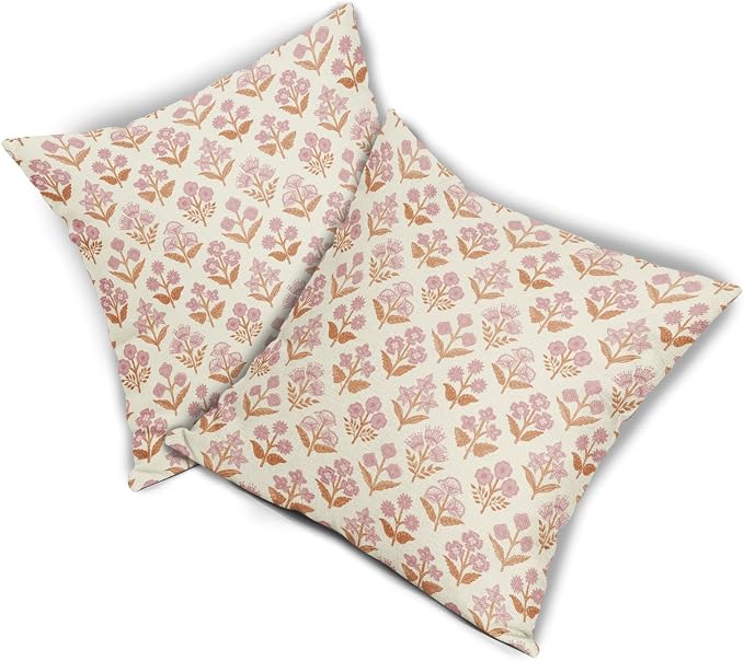 Orange Pink Floral Pillow Covers 22x22 Inch Set of 2, Vintage Flower Block Print Pattern Decorative Throw Pillowcases Outdoor Farmhouse Cushion Covers Spring Summer Rustic Sofa Couch Bed Decor