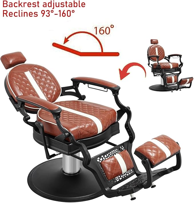 Kaleurrier Reclining Hair Salon Chair - Vintage Barber Chairs Height Adjustable for Stylist Barber Shop Home Haircut Tattoo Massage - Brown and White Quilted Leather