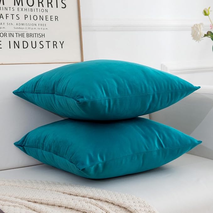 Velvet Decorative Throw Pillow Covers, Soft Square Cushion Case Home Decor for Living Room Couch Bed Sofa, Set of 2 Pack, Teal, 16x16 Inch