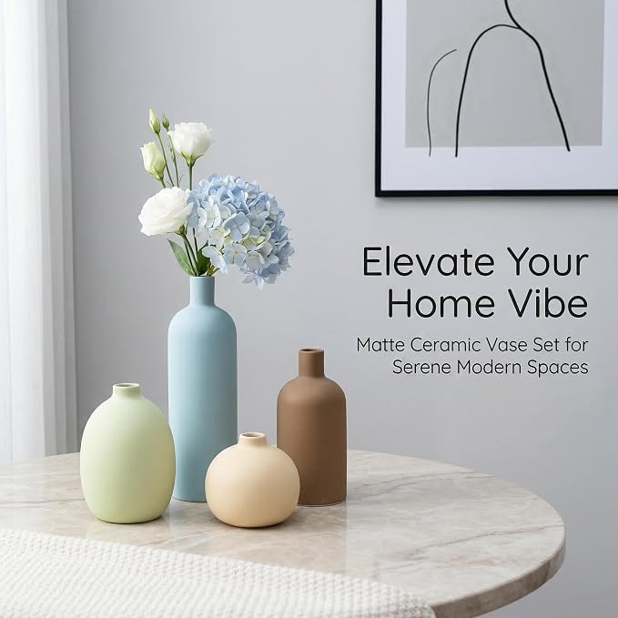 Ceramic Vase Set of 4, Modern Minimalist Colors Home Decor, Rustic Decorative Flowers Vases for Bouquet, Pampas | Table Mantel Centerpiece Bookshelf Living Room Bedroom (Minimalist Mix Set of 4)
