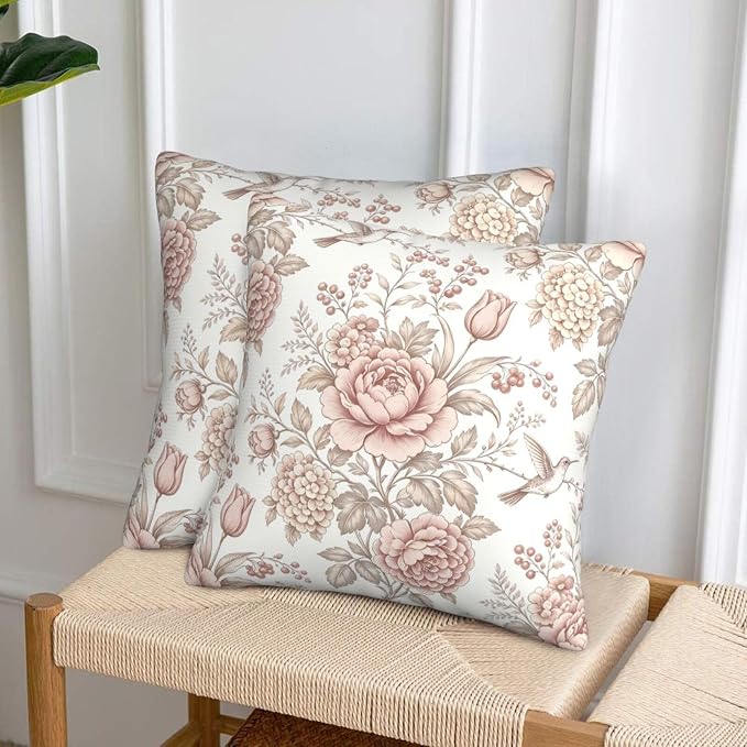 Vintage Pink Floral Throw Pillow Covers 18x18 Inches Set of 2 Chinoiserie Farmhouse Decor Cushion Cases