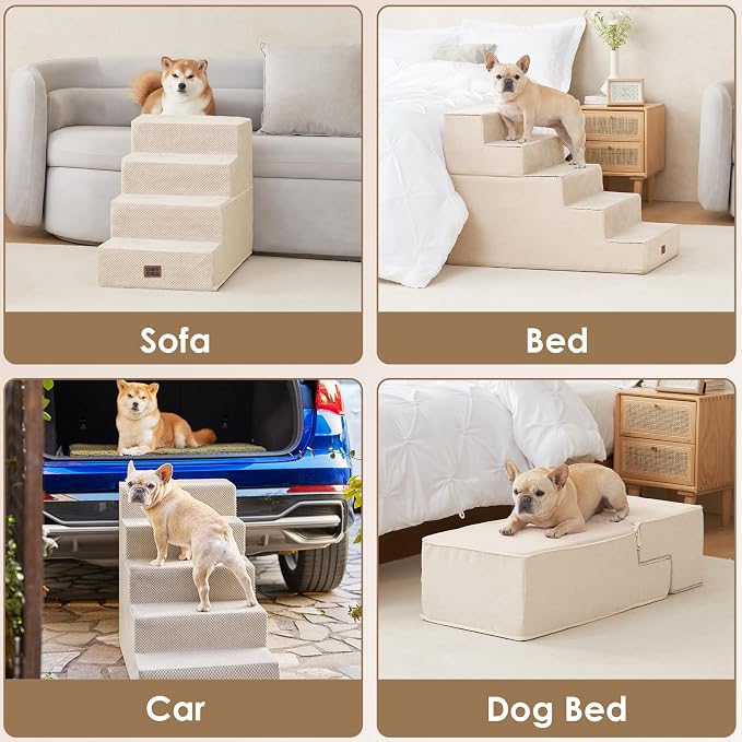 EHEYCIGA Dog Stairs for Bed 20" H, 4-Step Extra Wide Dog Steps, Beige | Pet Steps for Small Dogs and Cats for High Bed, Non-Slip Balanced Pet Ramp Indoor