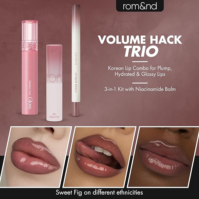 rom&nd Volume Hack Trio Sweet Fig Set | Korean Lip Combo for Plump, Hydrated & Glossy Lips | 3-in-1 Kit