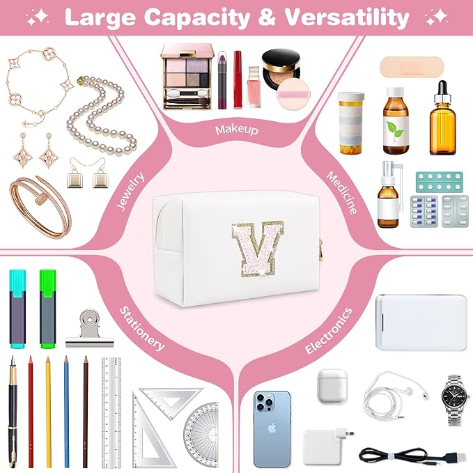 Small Initial Patch Makeup Bag Personalized Gifts Make Up Bag,White Cute PU Leather Glitter Letter Cosmetic Bag with Zipper,Trendy Portable Travel Toiletry Pouch,Preppy Stuff for Teen Girls Women V