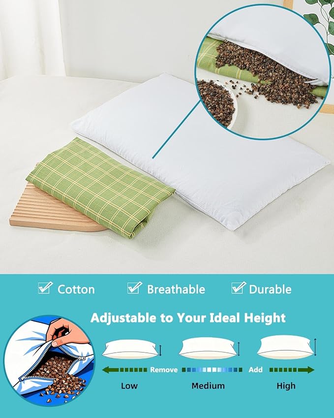 Buckwheat Cube Pillows for Side Sleepers,19.6"x9.8" Buckwheat Hulls Filling Cervical Neck Support Pillows for Sleeping, Customizable Height, Plaid Pillow Covers,Green