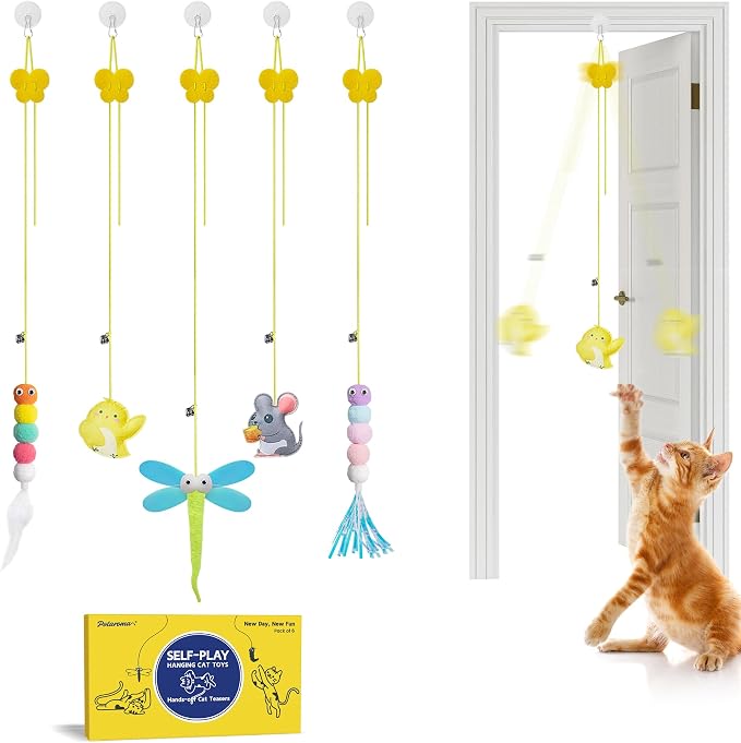 Potaroma Interactive Cat Feather Toys 5 Pcs, Cat Teaser Retractable Hanging Indoor Kitten Play Chase Exercise, Mental Physical Stimulation for All Breeds and Species | Retractable Hanging Cat Toys, Indoor Kitten Play Chase Exercise, Mental Physical Sti...