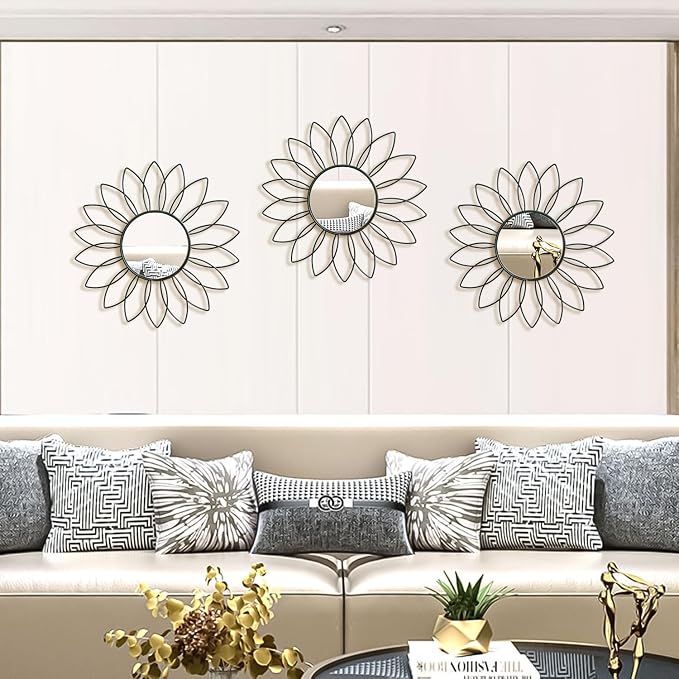 3 Pack Metal Mirrors for Wall Sunburst Wall Mirrors Home Décor Decorative Hanging Wall Art for Living Room Bedroom Entryway (Black2, Flowers)