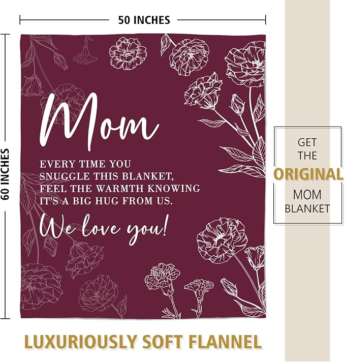 GiltGlimmer Mom Birthday Gifts, Mom Floral Blanket Burgundy, 60" x 50" | Gifts for Moms from Daughter Son, We Love You Present for Mother Mommy Christmas Mothers Day