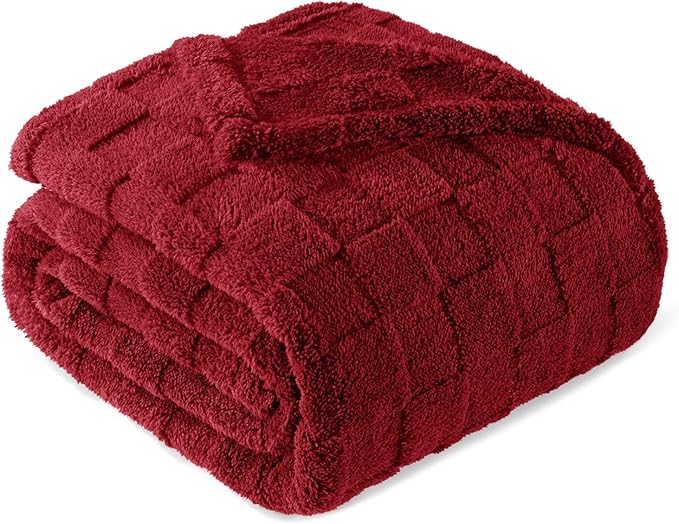 Exclusivo Mezcla 3D Checkered Fleece Queen Blanket for Bed, Burgundy | Super Soft and Cozy Fluffy Blanket, Lightweight, Breathable, Decorative Blanket for Living Room, Bedroom, All Season, 90"x90"