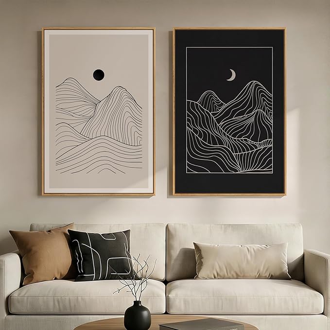 Large Framed Black and Beige Neutral Abstract Wall Art for Living Room, Set of 2 Modern Canvas Prints Paintings Artwork for Walls, Mountain and Moon Pictures for Bedroom Hallway Wall Decor 24x36 In