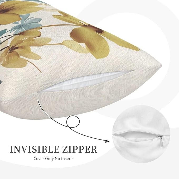 Spring Floral Pillow Covers 12x20 Inch Set of 2 Blue Yellow Floral Throw Pillow Cover Outdoor Modern Summer Flower Decoration Pillowcase Farmhouse Decorative Linen Cushion Cover For Sofa Couch
