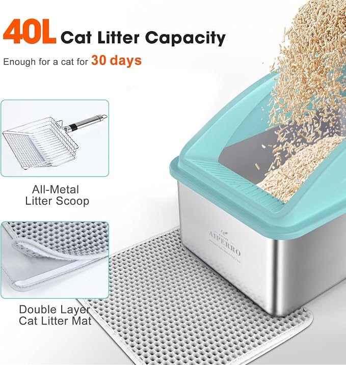 AIPERRO Stainless Steel Cat Litter Box | XXL Deepened 8" Design | Metal High Sided Box with Lid for Big Cats | Anti-Urine Leakage | Non-Stick & Easy to Clean with Litter Mat & Metal Scoop