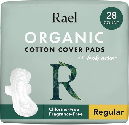 Rael Organic Cotton Cover Pads - Regular Absorbency, Unscented, Ultra Thin Pads with Wings for Women (Regular, 28 Count)