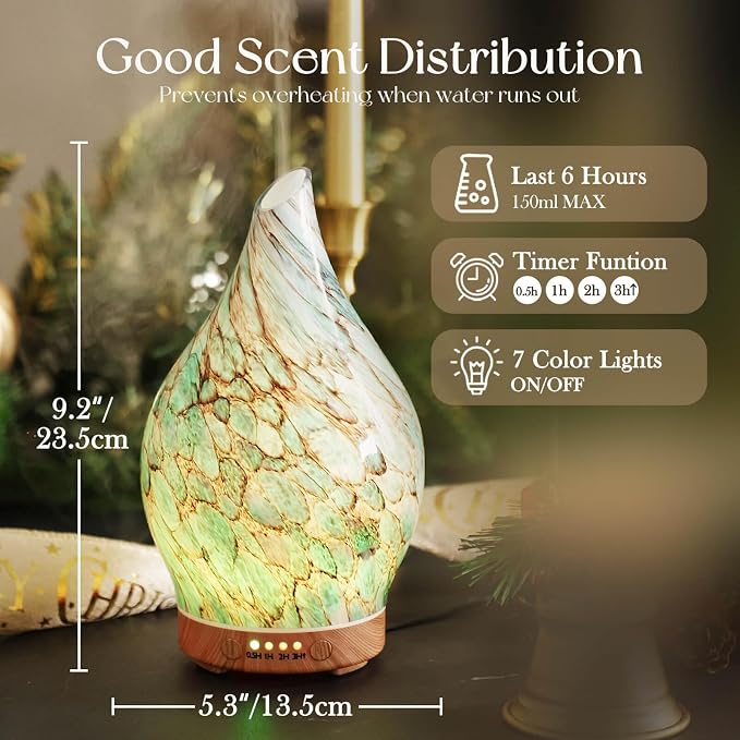 Porseme 150ml Essential Oil Diffuser Hand-Blown Glass Aroma Diffusor, Aromatherapy Unltrasonic Cool Mist deffuser, 7 Color Changing, Waterless Shut-Off, Timer Function for Home Office(Light Blue)