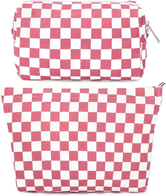 SOIDRAM 2 Pcs Checkered Makeup Bag Large Cosmetic Bag Toiletry Bag Makeup Pouch Travel Bag Organizer Cute Makeup Brushes Aesthetic Accessories Storage Bag for Women Peach Pink