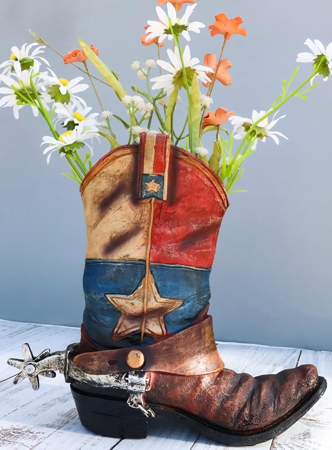 Ebros Gift Patriotic Texas State Flag Western Star Rustic Antiqued Cowboy Boot with Spur Hand Painted Resin Decorative Flower Bouquet Vase Or Planter Figurine American Spirit Home Decor Accent