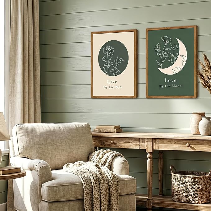 Framed Boho Sun and Moon Wall Art Set of 2, Sage Green Floral Line Pictures Wall Decor, Minimalist Quotes Paintings Mid Century Modern Canvas Prints for Living Room Bedroom Office 12x16 inch