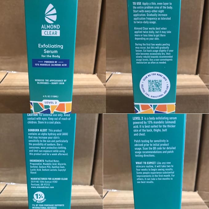 Almond Clear Level 2 Serum | Mandelic Acid Body Serum for Acne, Folliculitis, Aging Skin, Ingrown Hairs, Dark Spots on Face, Chest, Butt, Back, Thighs, Arms | 4 oz