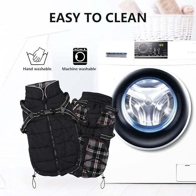Geyecete Winter Warm Coat Waterproof Jacket with Harness Traction Belt,Pet Outdoor Jacket for Medium, Small Dogs - Black