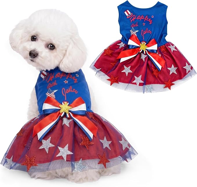 4th of July Pet Clothes for Small Dogs, 250th Independence Day Dog Dresses Stars and Stripes Patriotic Pet Doggie Apparel Stretchable Outfit, S Size