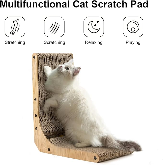 FUKUMARU Cat Scratcher, 18.7 Inch L Shaped Cat Scratch Pad Wall Mounted | Vertical Cat Scratching Board with Ball Cat Toy for Indoor Cats, Cardboard Cat Scratcher for Wall Sofa Couch