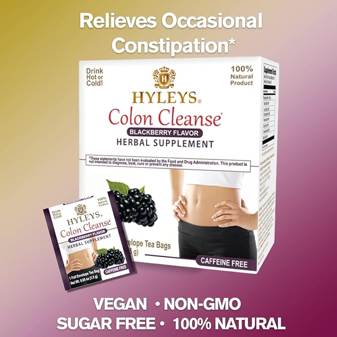 HYLEYS Colon Cleanse Tea, Blackberry Flavor - 300 Individually Wrapped Tea Bags (6 Pack of 50) - Caffeine Free, Gluten Free - Herbal Supplement